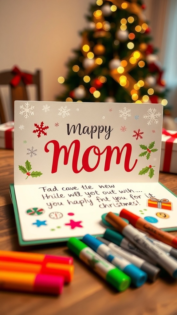A handmade Christmas card for mom with festive design and heartfelt message.